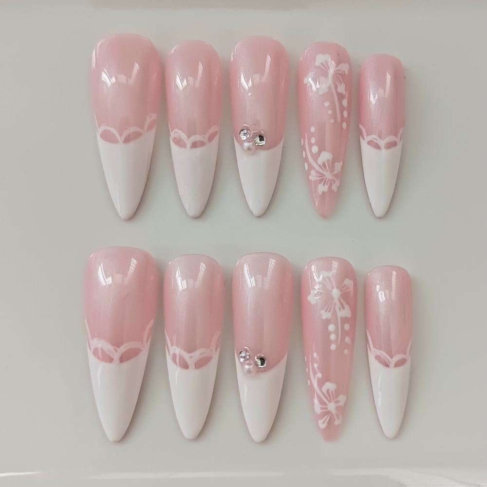 🎀 Baby Pink with White french tips Floral design handmade gel Press on Nails